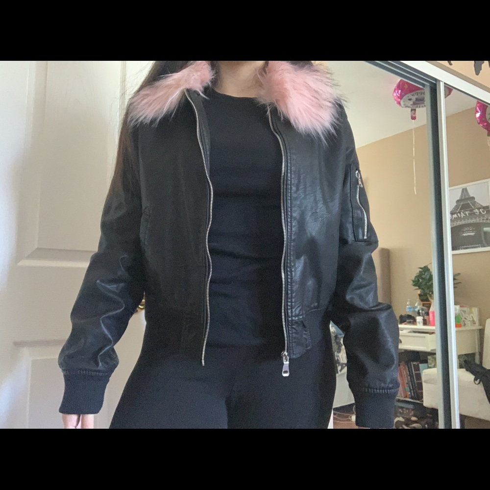 Leather jacket with pink fur